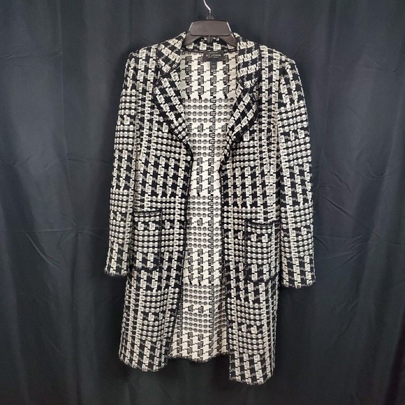 St John Boutique Black/White Wool Blend Open Front Duster Long Cardigan Sz 6